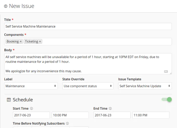 Screenshot of dashboard demonstrating issue creation for service component